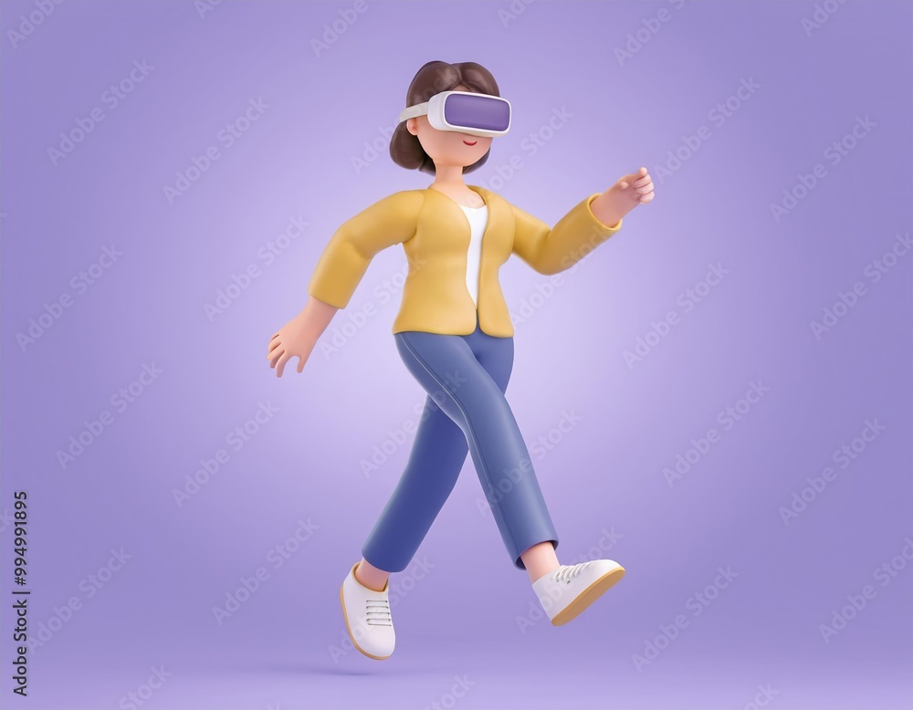 3D woman wearing a VR headset walks through a virtual world 3D woman wearing a VR headset walks through a virtual world