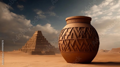 Ancient jar with Babylonian ziggurat motifs, surrounded by sandstorms, ancient ruins photo