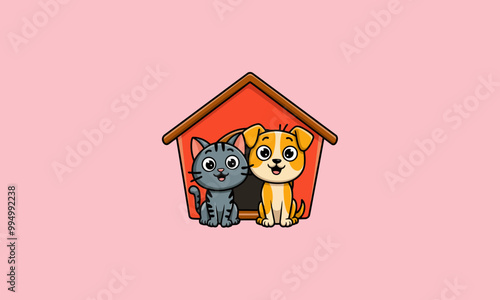 Happy cat and dog sitting together in front of a doghouse
