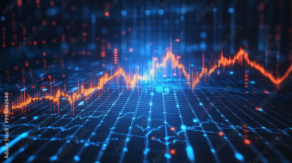 Abstract data visualization with blue and orange lines representing financial growth on a digital grid. Abstract data visualization with blue and orange lines representing financial growth on a digital grid.