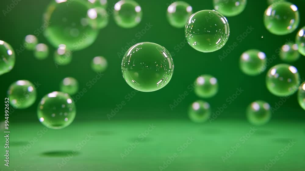 Clear bubbles float against a green background Clear bubbles float against a green background