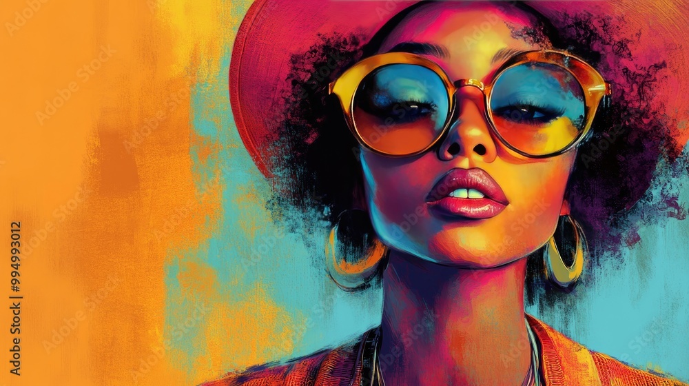 Vibrant Afrocentric Portrait of Stylish Woman in Bold Sunglasses and Hat Vibrant Afrocentric Portrait of Stylish Woman in Bold Sunglasses and Hat