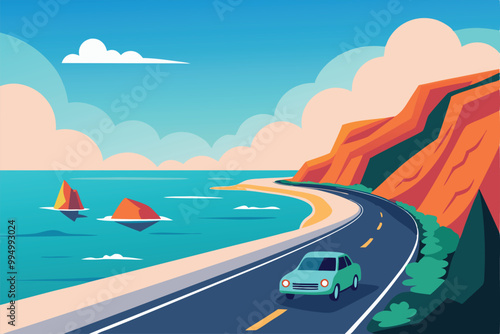 A car driving down a winding road along a beautiful coastline with blue water, red cliffs and white clouds.