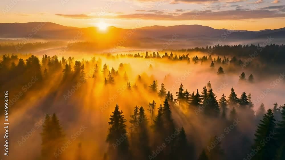 Aerial view of sunrise in the misty forest Foggy golden sunset in mountains Aerial view of sunrise in the misty forest Foggy golden sunset in mountains