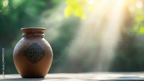 Ancient jar with Celtic solar cross, bathed in morning mist