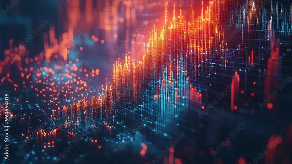 Abstract data visualization with glowing graphs and colorful dots representing analytics and insights. Abstract data visualization with glowing graphs and colorful dots representing analytics and insights.