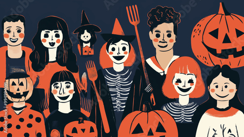 Celebración de Halloween con distintos disfraces y personas en la noche de brujas