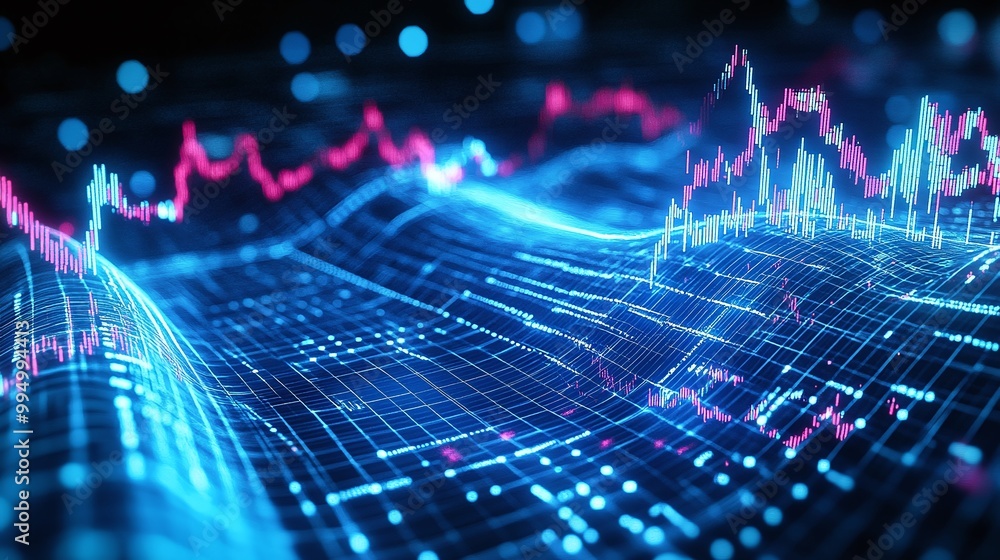 Abstract data visualization with glowing lines and graphs representing trends and analytics. Abstract data visualization with glowing lines and graphs representing trends and analytics.