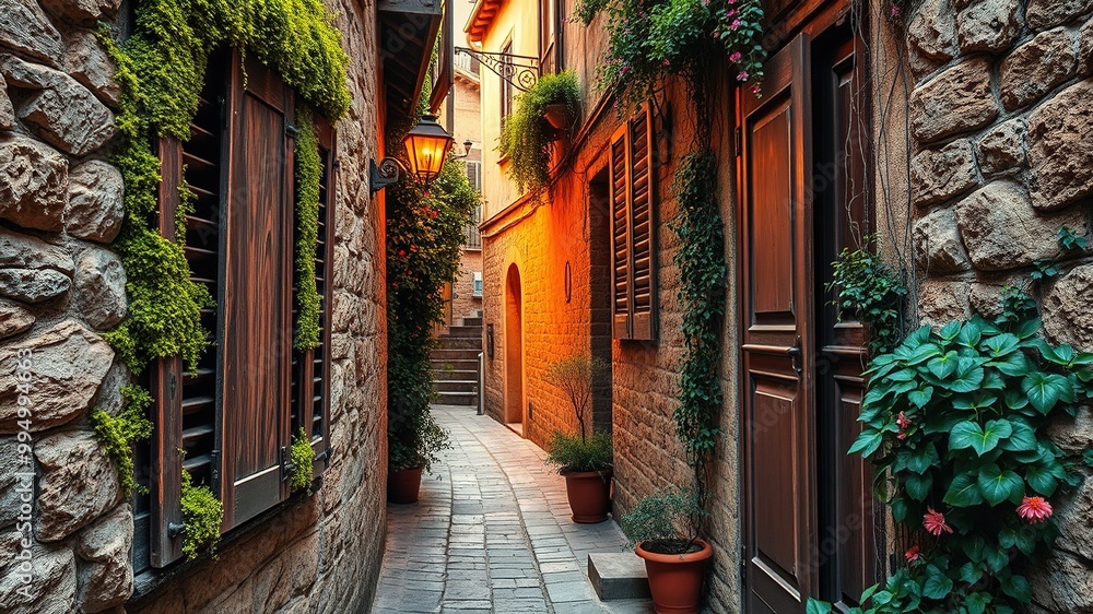Warmly lit, rustic wooden shutters covered in moss and lichen frame a cobblestone alleyway in a historic Spanish town, vines and flowers spilling over ancient stone walls. Warmly lit, rustic wooden shutters covered in moss and lichen frame a cobblestone alleyway in a historic Spanish town, vines and flowers spilling over ancient stone walls.