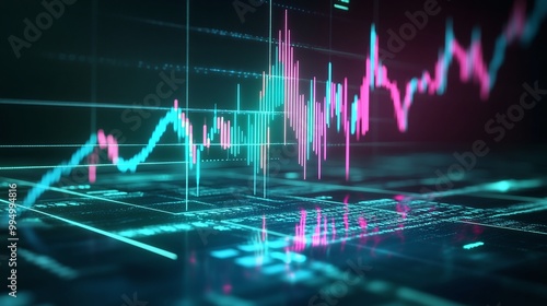 Abstract data visualization with vibrant blue and pink lines representing stock market trends and analytics. photo