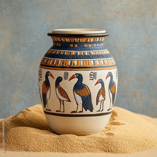 Ancient jar with Egyptian ibis bird motifs, placed on a golden sand hill