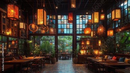 Cozy restaurant interior adorned with lanterns and greenery.