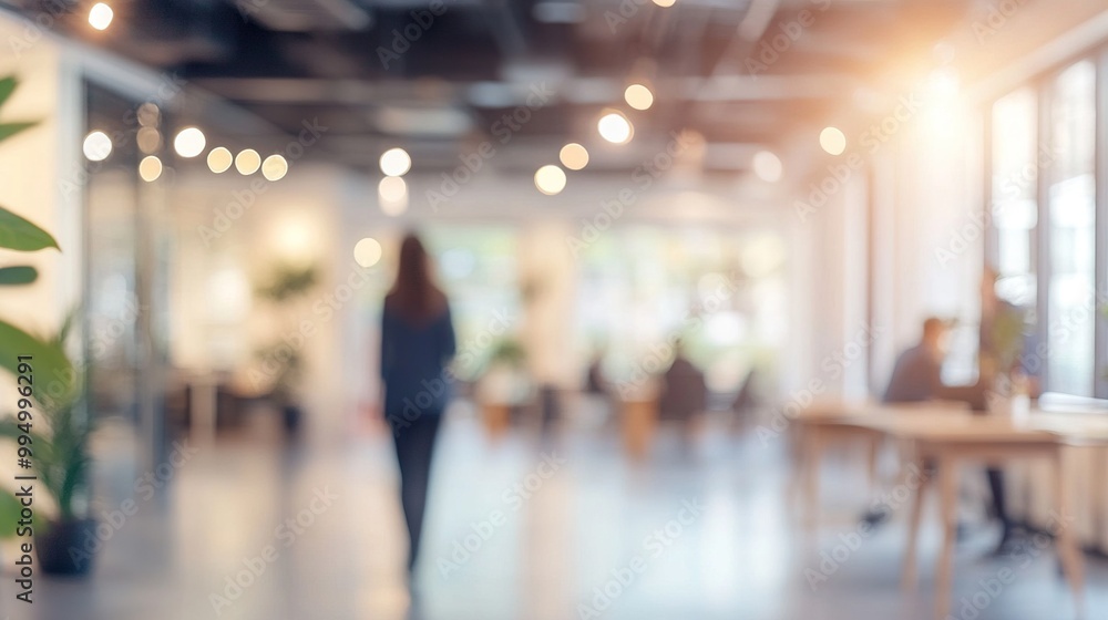 A blurred scene of a modern workspace with a person walking, featuring plants and illuminated lights in a collaborative environment. A blurred scene of a modern workspace with a person walking, featuring plants and illuminated lights in a collaborative environment.