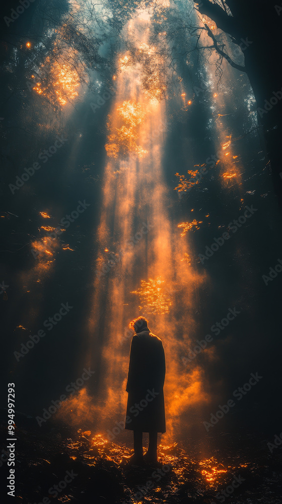 Fototapeta premium A person stands in the middle of a forest, bathed in golden light.