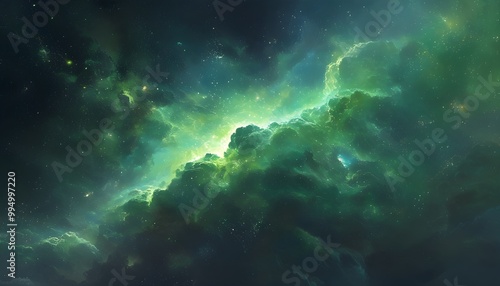 Vibrant Green Nebula Illuminating Deep Space Amidst Twinkling Stars and Dark Cosmic Background