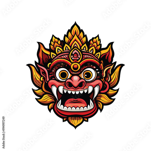 A colorful Balinese mask with a fierce expression, used in sacred dance.