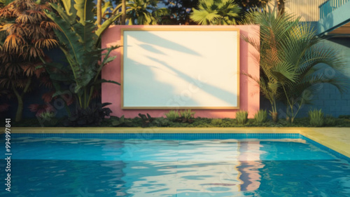 Blank white large outdoor waterproof projector screen hanging on tiles wall background near the swimming pool