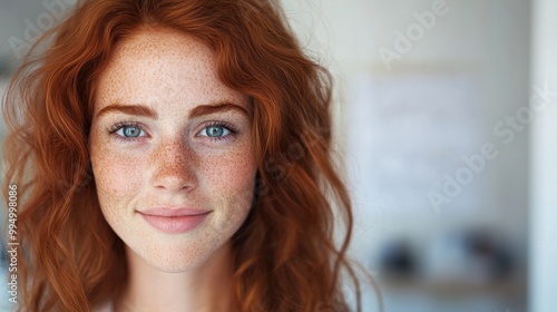 A joyful redheaded woman with lively curls smiles warmly, embodying positivity and cheerfulness in a bright indoor space