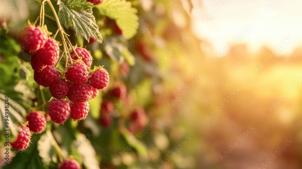 Juicy, ripe raspberries hang from their plant, soaking up the warm sunlight in a vibrant garden setting Juicy, ripe raspberries hang from their plant, soaking up the warm sunlight in a vibrant garden setting