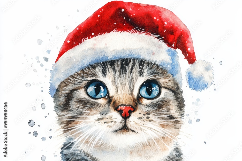A charming watercolor illustration of a cat wearing a Santa hat, perfect for Christmas cards, decorations, and holiday greetings. The cat's playful expression and festive attire evoke joy and warmth. A charming watercolor illustration of a cat wearing a Santa hat, perfect for Christmas cards, decorations, and holiday greetings. The cat's playful expression and festive attire evoke joy and warmth.