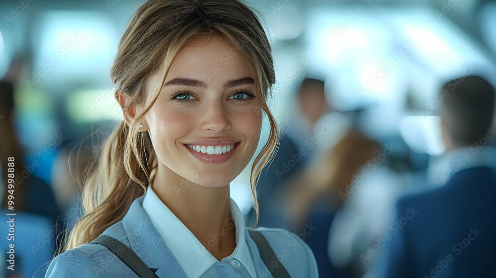 Fototapeta premium Smiling Woman in a Blue Blazer and White Shirt