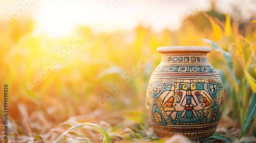 Ancient jar with Mayan maize god symbols, placed in a field of corn, golden hour