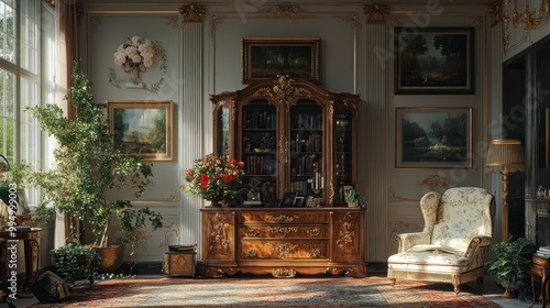 Elegant vintage living room with ornate furniture and decor.