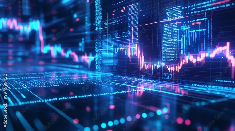 Abstract digital data visualization with glowing graphs and charts on a dark background, representing financial markets and analytics. Abstract digital data visualization with glowing graphs and charts on a dark background, representing financial markets and analytics.