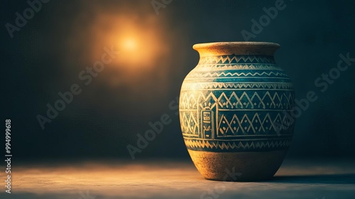 Ancient jar with Mesopotamian Ishtar gate designs, bathed in soft torchlight