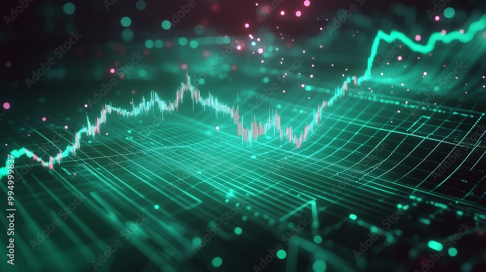 Abstract digital data visualization with glowing green lines and particles representing growth and trends. Abstract digital data visualization with glowing green lines and particles representing growth and trends.