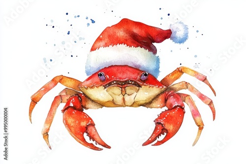 A cheerful crab wearing a Santa hat, symbolizing holiday cheer, festive spirit, Christmas fun, ocean life, and winter celebrations. photo