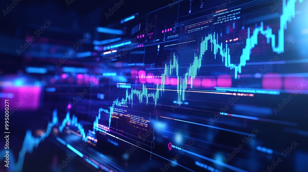 Abstract digital data visualization with glowing lines and graphs illustrating market trends on a dark background. Abstract digital data visualization with glowing lines and graphs illustrating market trends on a dark background.