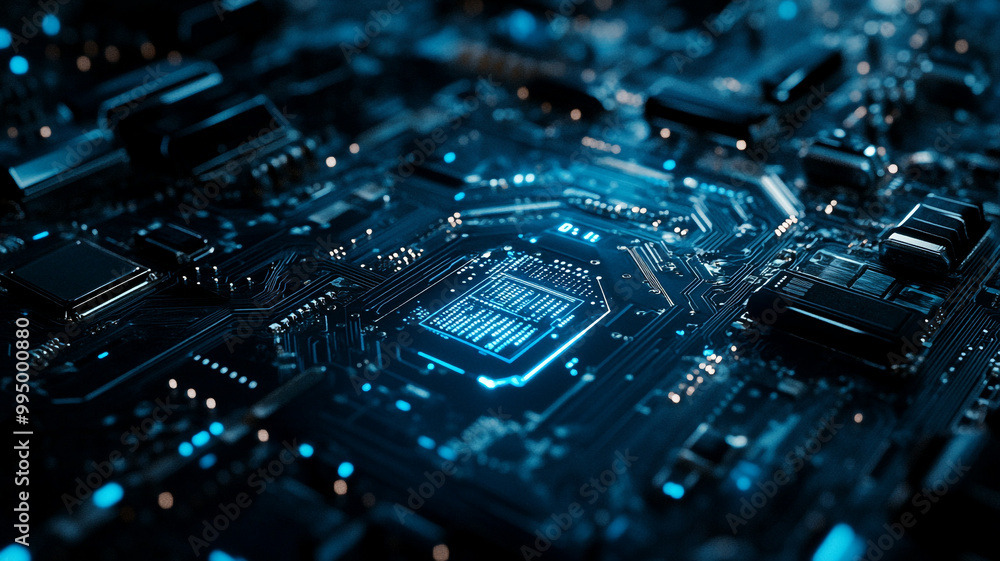 Detailed circuit board illuminated in blue light showcasing advanced technology and design Detailed circuit board illuminated in blue light showcasing advanced technology and design