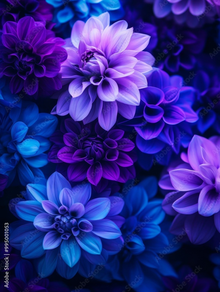 Obraz premium A close-up shot of a vibrant cluster of purple and blue flowers, showcasing the intricate details of each blossom. The colors are rich and saturated, creating a sense of beauty and wonder. The image r