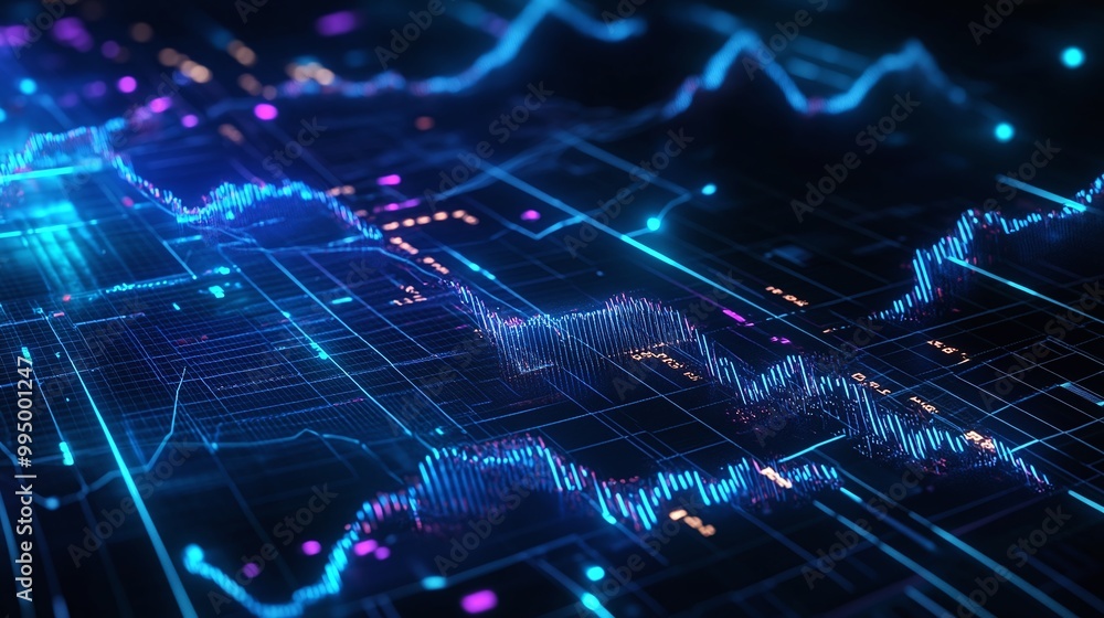 Abstract digital data visualization with vibrant blue and purple lines representing information flow. Abstract digital data visualization with vibrant blue and purple lines representing information flow.