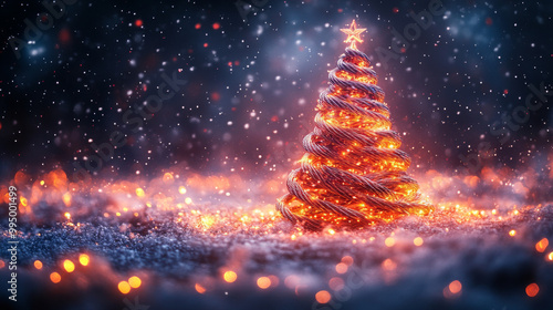 A glowing Christmas tree with a star on top, covered in snow.