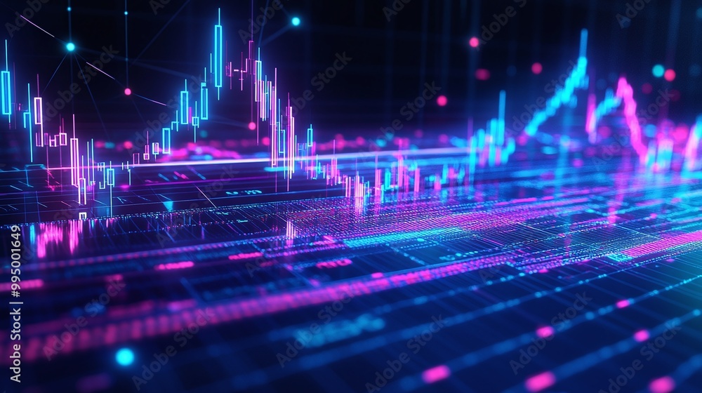 Fototapeta premium Abstract digital data visualization with vibrant colors and dynamic lines representing market analysis.