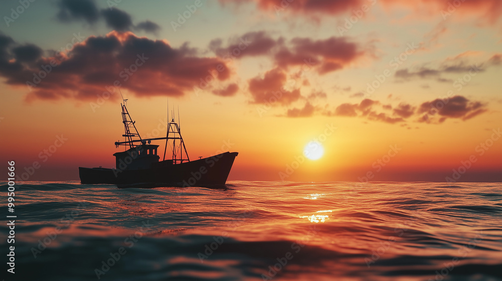 A small fishing boat sailing on the Black Sea under a colorful sunset sky, gentle waves, focus on the silhouette of the boat against the warm colors of the setting sun, calm and peaceful mood A small fishing boat sailing on the Black Sea under a colorful sunset sky, gentle waves, focus on the silhouette of the boat against the warm colors of the setting sun, calm and peaceful mood