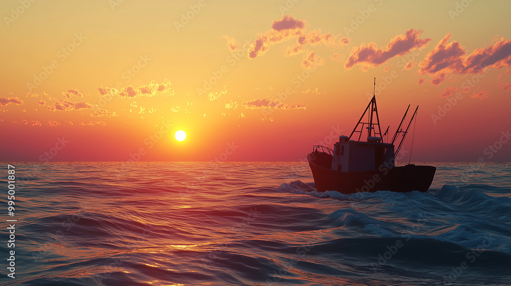 Fototapeta premium A small fishing boat sailing on the Black Sea under a colorful sunset sky, gentle waves, focus on the silhouette of the boat against the warm colors of the setting sun, calm and peaceful mood