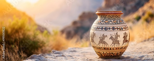 Ancient jar with Persian horse rider carvings, set on a mountainous path