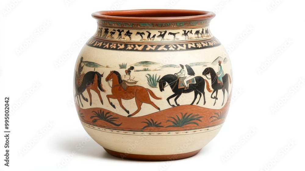 Ancient jar with Persian hunting scene, horses galloping around, desert landscape Ancient jar with Persian hunting scene, horses galloping around, desert landscape