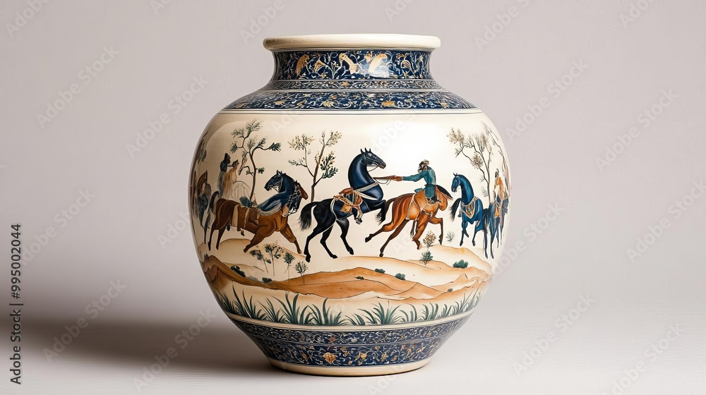Ancient jar with Persian hunting scene, horses galloping around, desert landscape Ancient jar with Persian hunting scene, horses galloping around, desert landscape