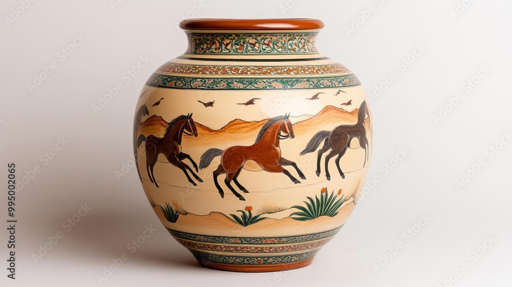 Ancient jar with Persian hunting scene, horses galloping around, desert landscape Ancient jar with Persian hunting scene, horses galloping around, desert landscape