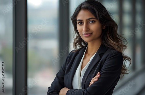 Beautiful Indian businesswoman in a suit standing with arms crossed looking at the camera with a confident smile against a modern office window.