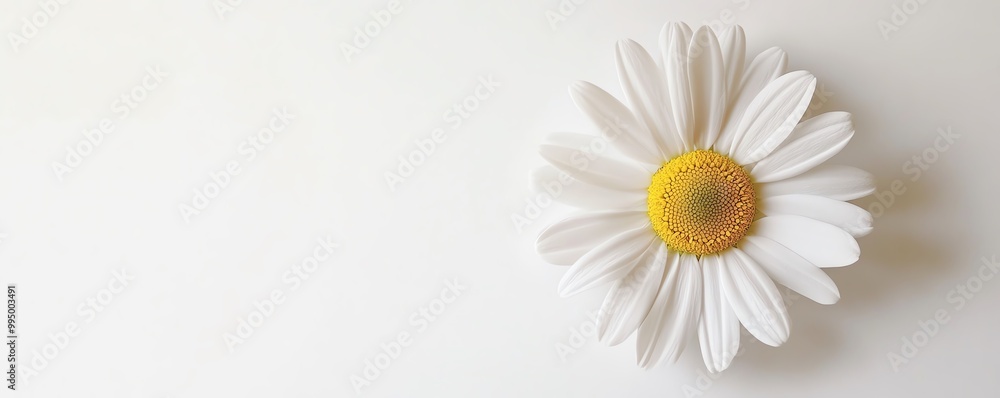 Fototapeta premium A close-up of a single white daisy with a yellow center on a white background, symbolizing simplicity and natural beauty.