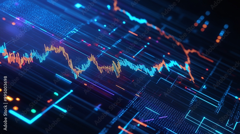 Abstract digital data visualization with vibrant patterns and fluctuating graphs on a dark background. Abstract digital data visualization with vibrant patterns and fluctuating graphs on a dark background.