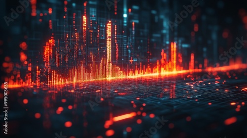 Abstract digital data visualization with vibrant orange and blue wave patterns on a dark background.