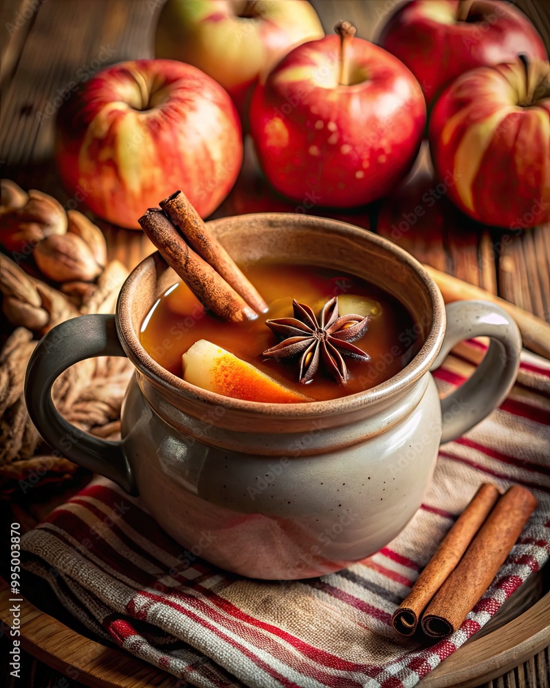 Mug of spiced apple cider with cinnamon sticks. Mug of spiced apple cider with cinnamon sticks.