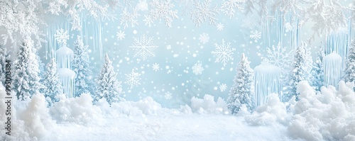 A serene winter wonderland with snow-covered trees and gently falling snowflakes under a bright, clear sky. Perfect for holiday themes.