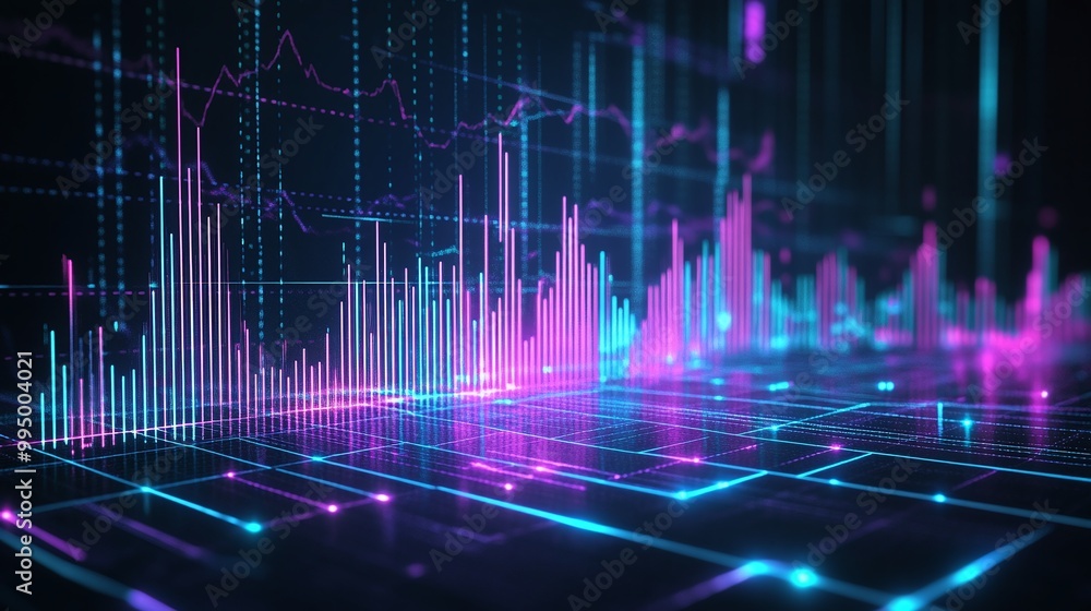 Abstract digital data visualization with vibrant pink and blue colors representing analytics on a dark background. Abstract digital data visualization with vibrant pink and blue colors representing analytics on a dark background.